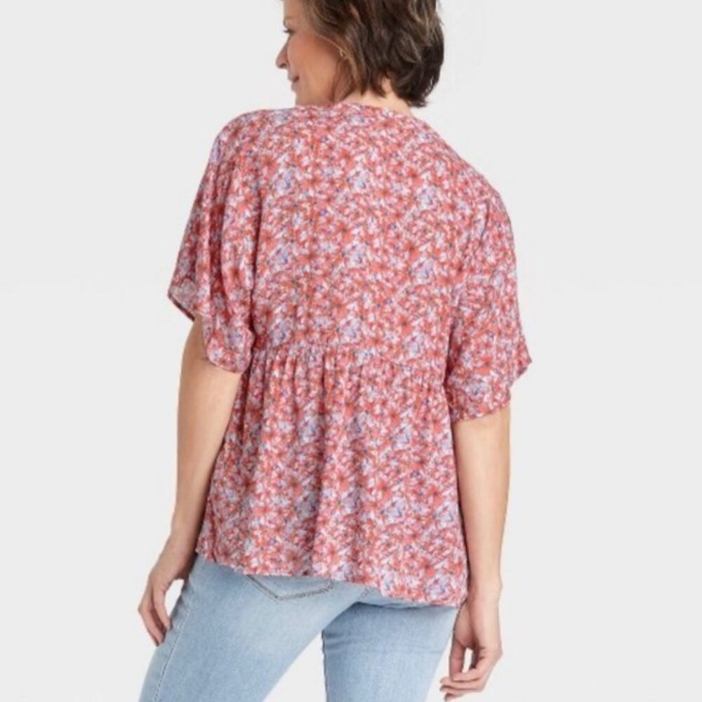 Knox Rose Rebel Red Floral Pintuck Peasant Blouse Size L Boho Top NWT - Picture 2 of 11